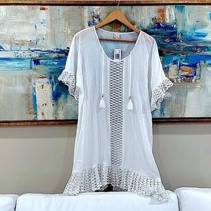 NWT M Surf Gypsy crochet sleeve short sleeve long cover up white cowrie tassels
